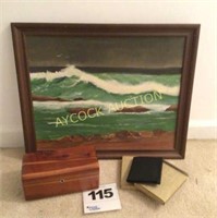 painting, wooden box, & elephant hide wallets
