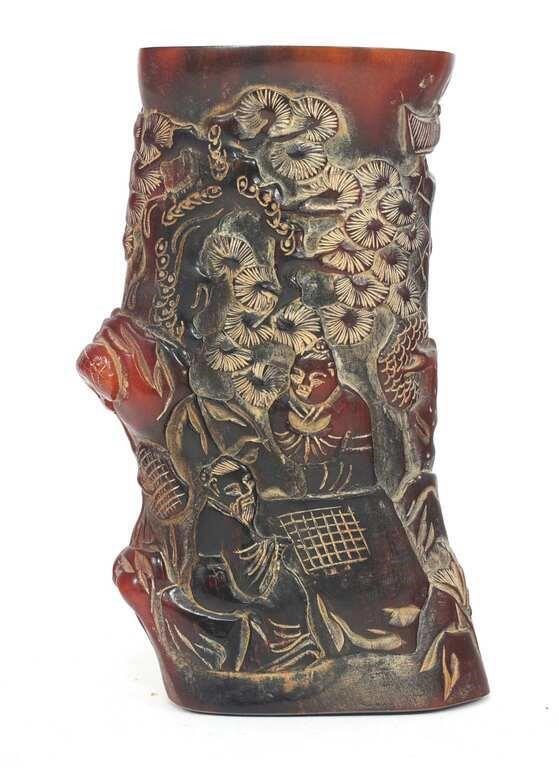 CHINESE CARVED HORN BRUSH POT