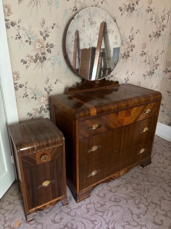 Vintage Art Deco Waterfall Dresser and Side Table