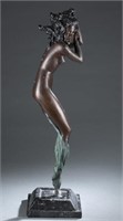 After Louis Icart, Smoke Girl, bronze sculpture.