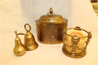 Brass lidded box, bell, pear & candle holder