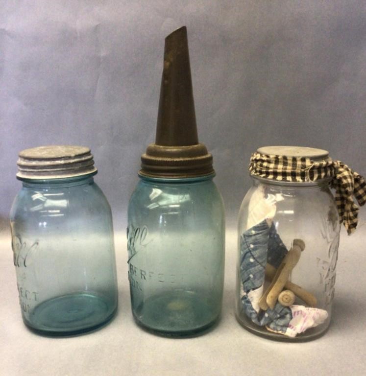 3 glass jars - oil spout and some contents
