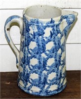 blue sponge decorated stoneware pitcher