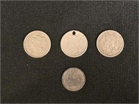 THREE CENT PIECES AND A SEATED LIBERTY DIME