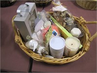 1 basket of bath & body items: loofa, candle,