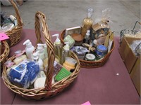 2 basket of bath & body items: lotion, argon oil,
