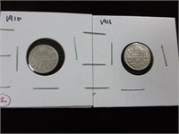 1907,1909,1910,1911 CDN 5 cent Pieces