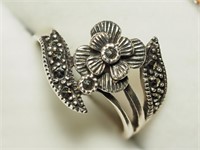 Sterling Silver Flower Shaped Marcasite Ring