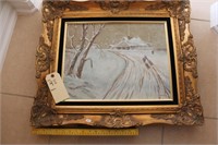E. Harwell winter house painting with gold frame