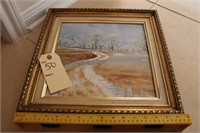 E. Harwell winter trail painting with gold frame