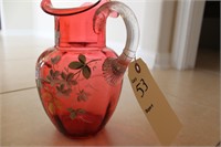 Pink/purple and floral blown glass pitcher