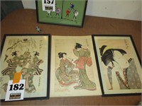 Lot of 3 vintage oriented pictures on silk