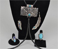 Navajo Sterling/Turq. Bolo, Two Rings, Two Pins