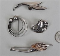 Four Vintage Sterling Pins: Jensen, Kulta, Krypell