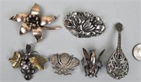 Six Vintage Silver Pins
