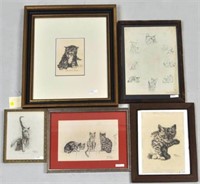 Five Gladys Emerson Cook Pencil & Ink Cat Drawings