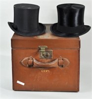 Leather Hat Box w/2 Knox Top Hats