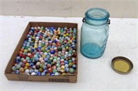 Vtg Blue Ball Jar w/ Marbles