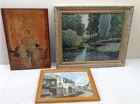 * (3) Vtg Framed Pictures (1) Oil/Wood  Pond Scene