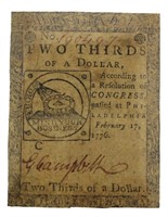 1776 2/3 Dollar Contenential Congress Note *RARE