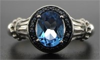 Oval 2.00 ct Genuine Blue Topaz-Black Diamond Ring