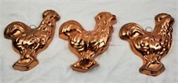 3 Rooster Cock Chicken Copper Cake Pans Hangers