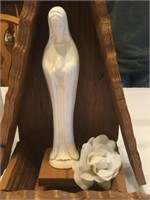 Ceramic Virgin Mary in wooden A-frame