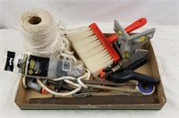 Box Lot Of Tools Rope Brush Level & More