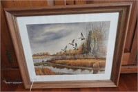Framed print of Mallard ducks over Marsh signed