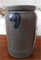 Primitive blue and gray floral stoneware crock