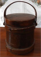 Primitive wooden mince meat bucket with pinecone