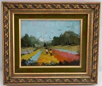 DEE SUDBURY OIL ON CANVAS COLORFUL FIELD & WORKERS