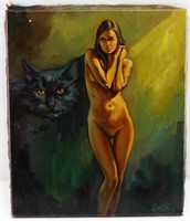UNFRAMED OIL ON CANVAS STANDING NUDE FEMALE & CAT