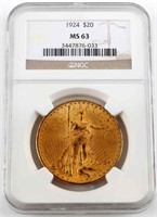 1924 GOLD ST GAUDENS $20 DOUBLE EAGLE COIN MS63
