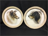 2 Signed Round Wood Glass Framed Dog Pictures