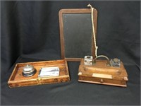 Wood & Brass Desk Set with Inkwell and Drawer
