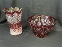 VIntage Cranberry Cut Glass Vase and Bowl