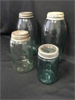 4 Vintage Green/Blue Glass Jars with Lids