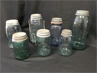 7 Vintage/Antique Green/Blue Jars with Lids