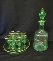 Green w/Gold Trim Glass Decanter Set with Tray