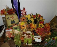 Fall decor flowers, scarecrows, wind sock