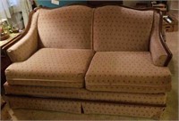 Love seat, wood trim, dusty plum color upholstery