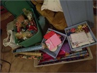 Bows, ribbon, wrapping paper, and storage totes