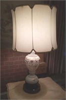 Table lamp, white & gold floral glass & brass base