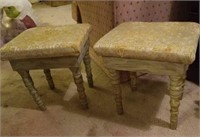 Wood square stools, worn fabric  (2)