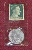 1938 German 2 Reichs Mark Coin With Stamp