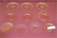 9 Various Sized Pink Depression Glass Plates