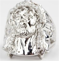 10K WHITE GOLD MENS DIAMOND JESUS RING