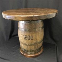 Wood Barrel Table with 1809 Stamped on Base