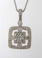 14K White Gold Diamond Pendant, Chain